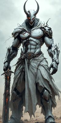 The primary subject of the image is a man dressed in a white robe, holding a sword. The setting appears to be a dark, cloudy sky, which adds to the overall mood of the scene. The visual style of the image is a combination of digital art and illustration, creating a striking and detailed portrait of the man. The colors in the image are predominantly dark and muted, with the white robe and sword standing out against the dark background.
